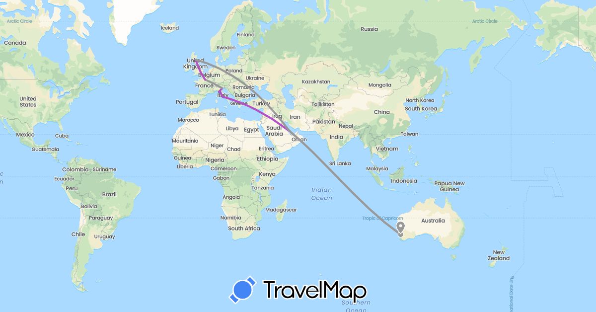 TravelMap itinerary: driving, plane, cycling, train in Australia, France, United Kingdom, Italy, Qatar (Asia, Europe, Oceania)